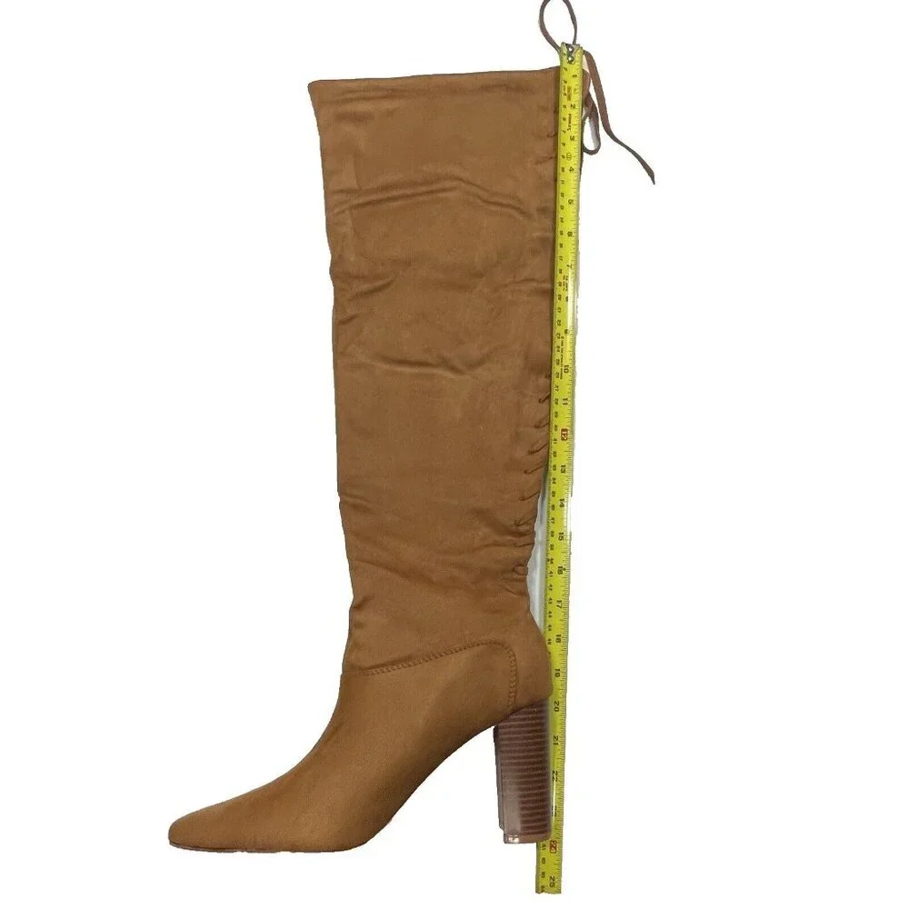 Brown Over-The-Knee Suede Boots Women Size 9.5 Lace-Up Fashion 3.75 In Heels NEW
